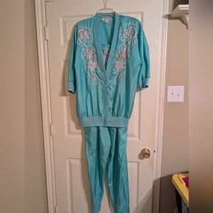 Vintage 80s Teal Embroidery Windbreaker Athleisure Set M